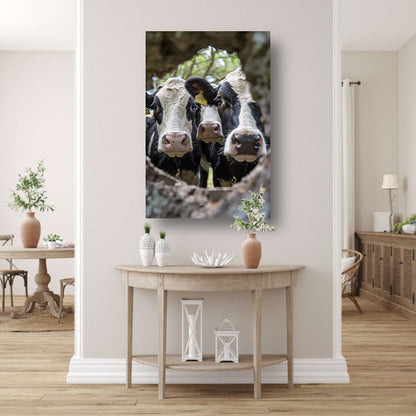 Twee nieuwsgierige koeien gluren door boom canvas
