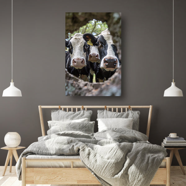 Twee nieuwsgierige koeien gluren door boom canvas