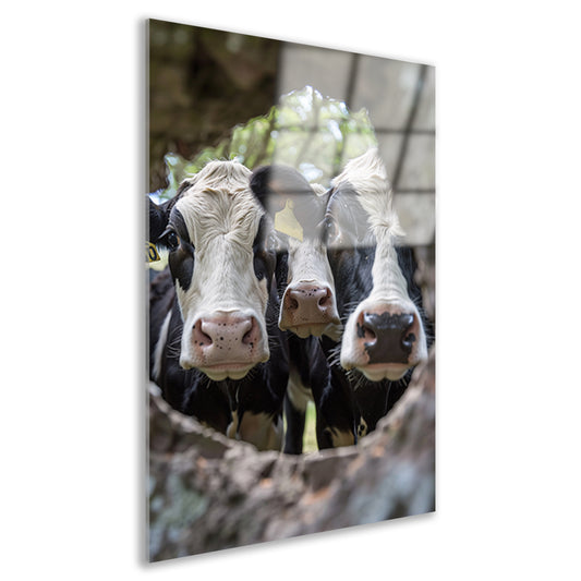 Twee nieuwsgierige koeien gluren door boom acrylglas