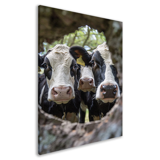 Twee nieuwsgierige koeien gluren door boom canvas