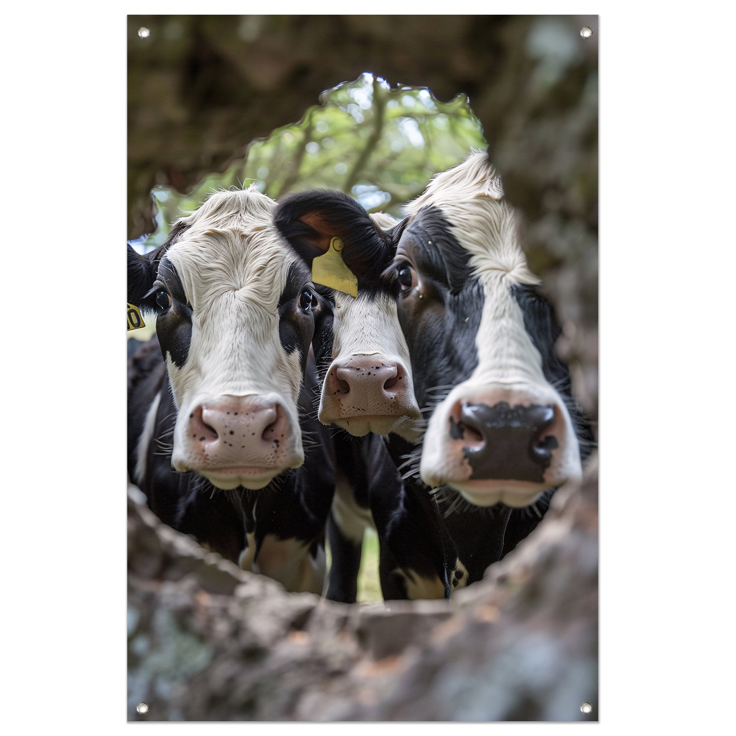 Twee nieuwsgierige koeien gluren door boom tuinposter