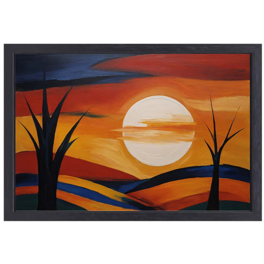 Abstracte Interpretatie van Zonsondergang en Bomen canvas met baklijst