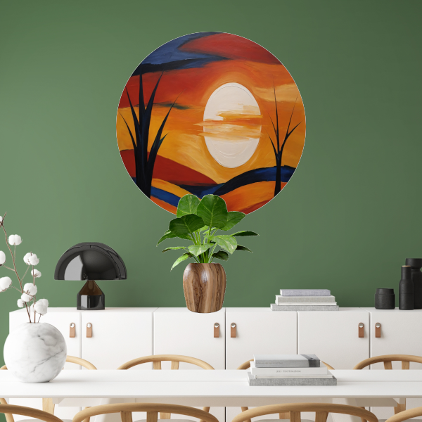 Abstracte Interpretatie van Zonsondergang en Bomen aluminium muurcirkel