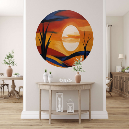 Abstracte Interpretatie van Zonsondergang en Bomen aluminium muurcirkel