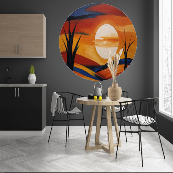 Abstracte Interpretatie van Zonsondergang en Bomen aluminium muurcirkel