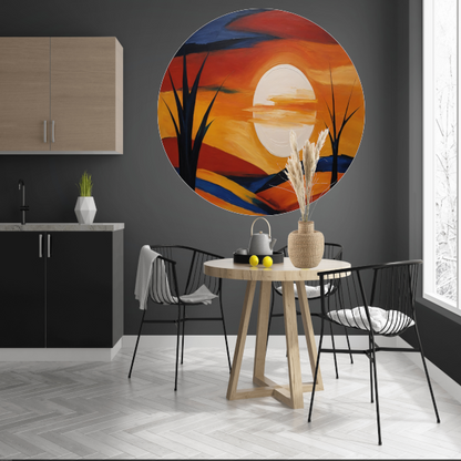 Abstracte Interpretatie van Zonsondergang en Bomen aluminium muurcirkel