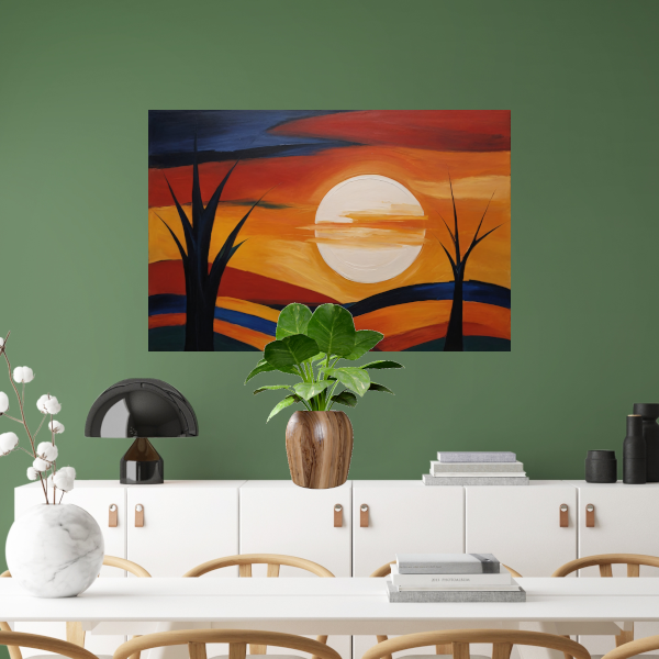 Abstracte Interpretatie van Zonsondergang en Bomen poster