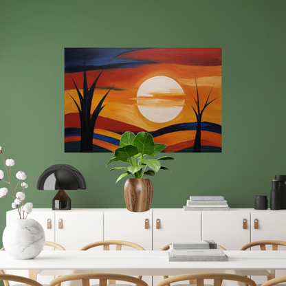 Abstracte Interpretatie van Zonsondergang en Bomen poster