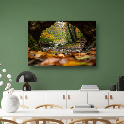 Herfstlandschap met rivier en bomen poster