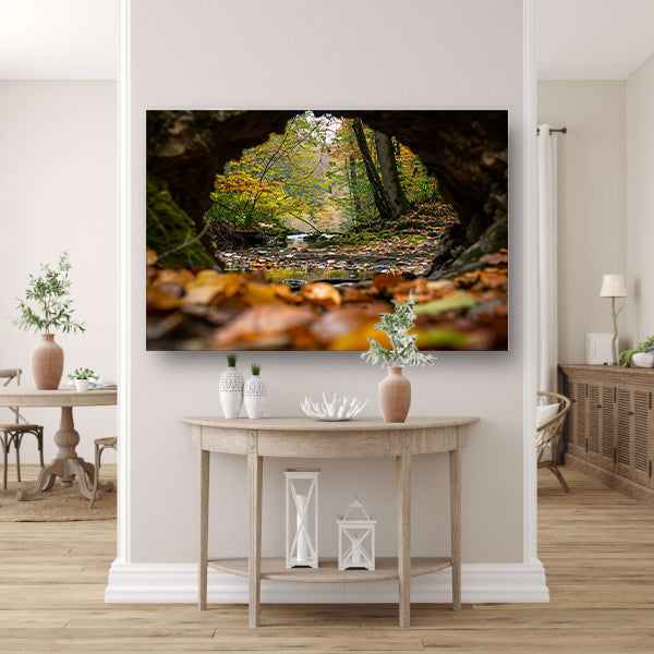 Herfstlandschap met rivier en bomen poster