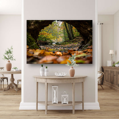 Herfstlandschap met rivier en bomen poster