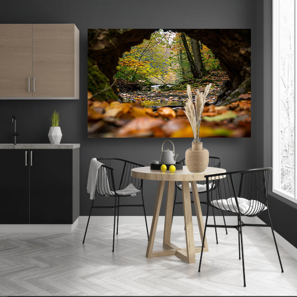 Herfstlandschap met rivier en bomen poster