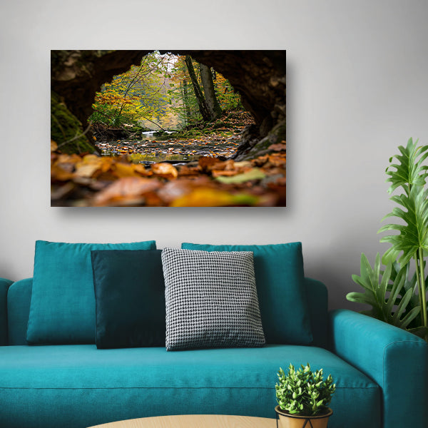 Herfstlandschap met rivier en bomen poster