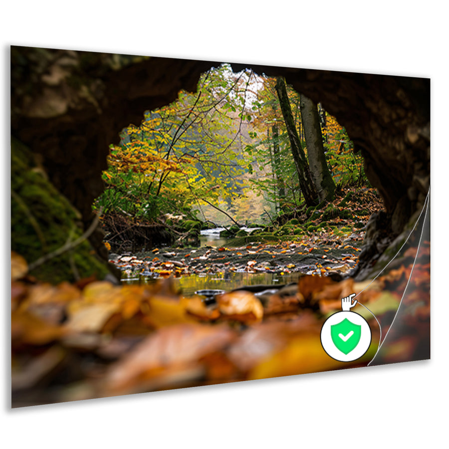 Herfstlandschap met rivier en bomen poster