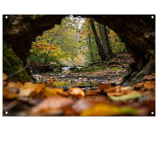 Herfstlandschap met rivier en bomen tuinposter