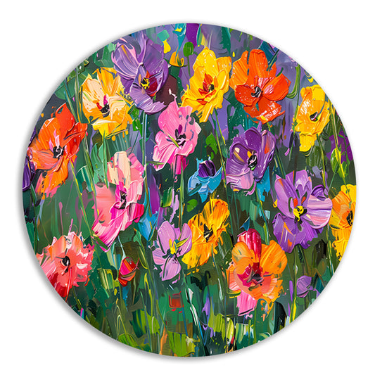 Kleurrijk bloemenveld in expressieve stijl aluminium muurcirkel