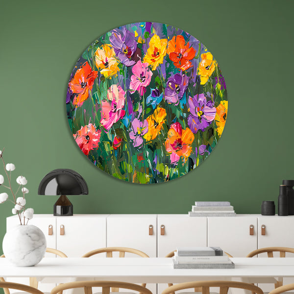 Kleurrijk bloemenveld in expressieve stijl aluminium muurcirkel