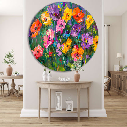 Kleurrijk bloemenveld in expressieve stijl aluminium muurcirkel