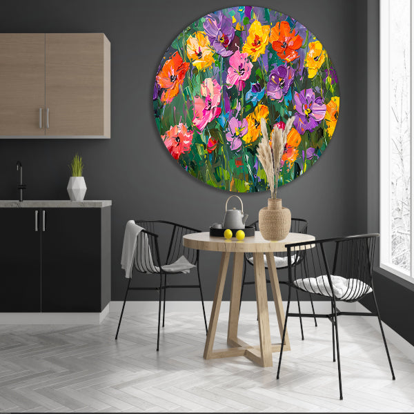 Kleurrijk bloemenveld in expressieve stijl aluminium muurcirkel