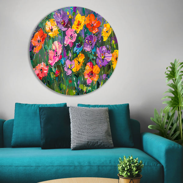 Kleurrijk bloemenveld in expressieve stijl aluminium muurcirkel