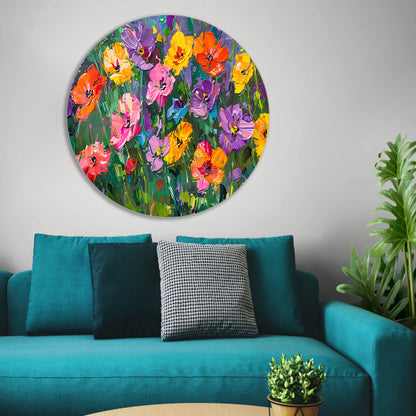 Kleurrijk bloemenveld in expressieve stijl aluminium muurcirkel