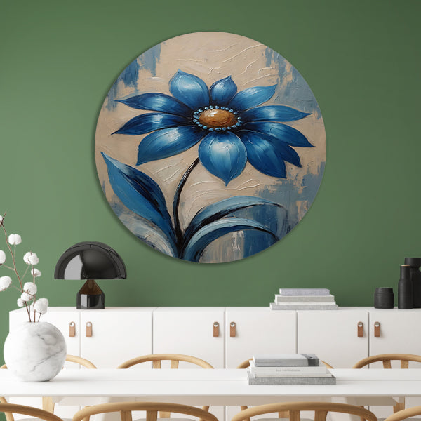 Abstracte Indigo Bloem met Dynamische Bladeren aluminium muurcirkel