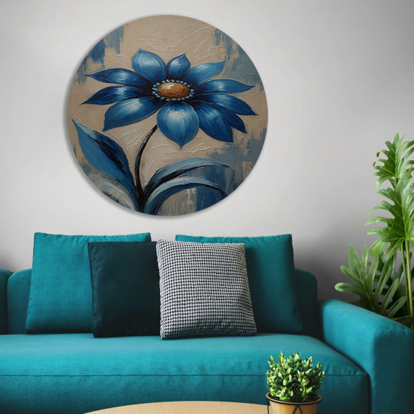Abstracte Indigo Bloem met Dynamische Bladeren aluminium muurcirkel