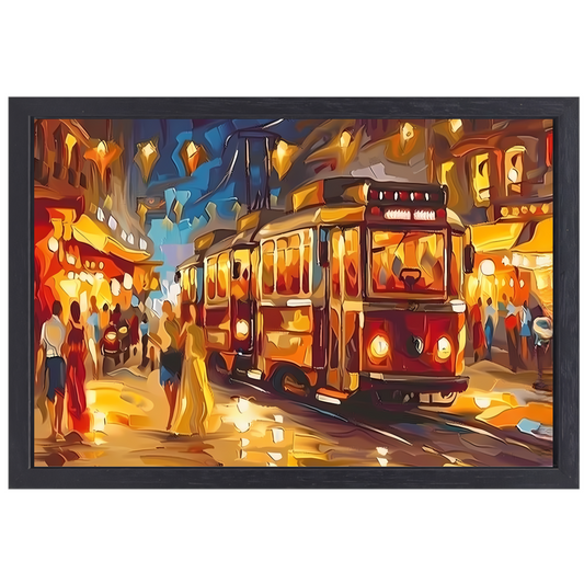 Levendige Stadstram in Kleurrijke Nacht canvas met baklijst