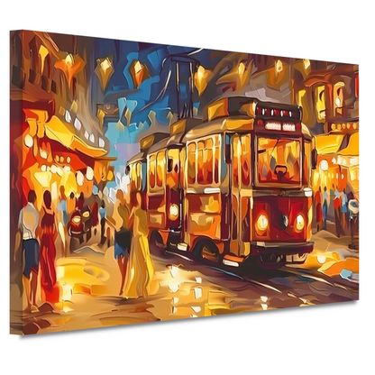 Levendige Stadstram in Kleurrijke Nacht canvas
