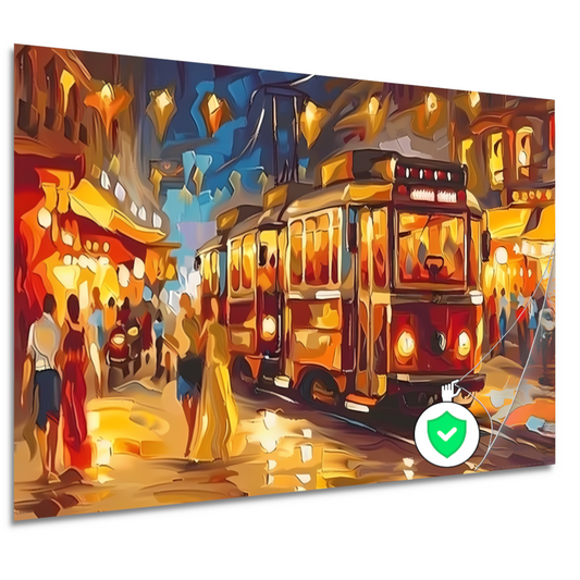 Levendige Stadstram in Kleurrijke Nacht poster