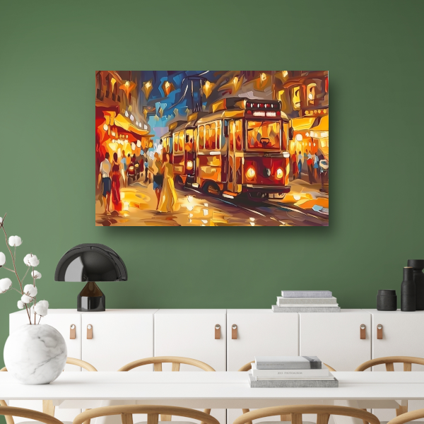 Levendige Stadstram in Kleurrijke Nacht canvas