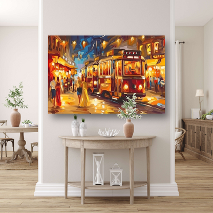 Levendige Stadstram in Kleurrijke Nacht canvas