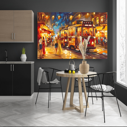 Levendige Stadstram in Kleurrijke Nacht canvas
