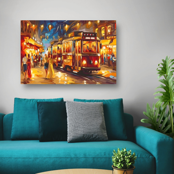 Levendige Stadstram in Kleurrijke Nacht canvas