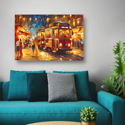 Levendige Stadstram in Kleurrijke Nacht canvas