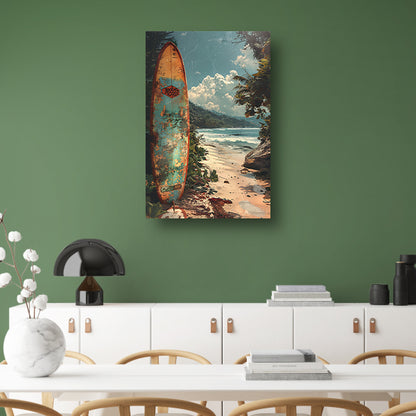 Verlaten surfplank op tropisch strand canvas