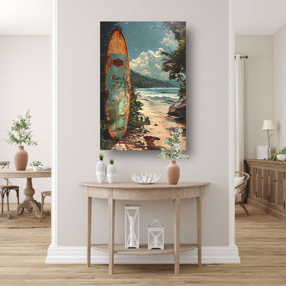 Verlaten surfplank op tropisch strand canvas