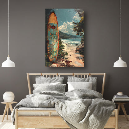 Verlaten surfplank op tropisch strand canvas