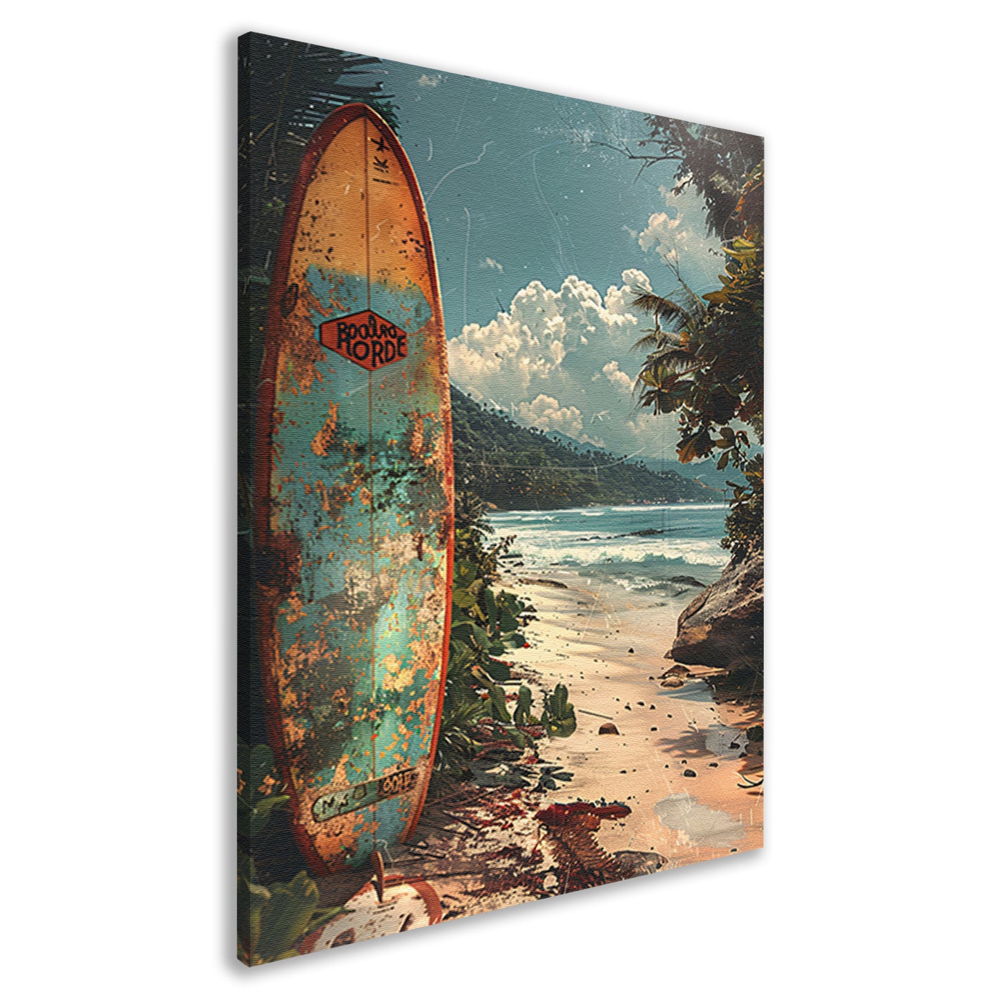 Verlaten surfplank op tropisch strand canvas