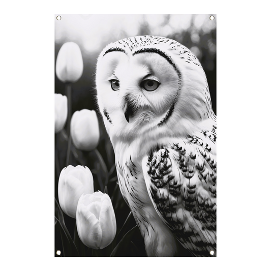 White Owl and Tulips in Monochrome tuinposter