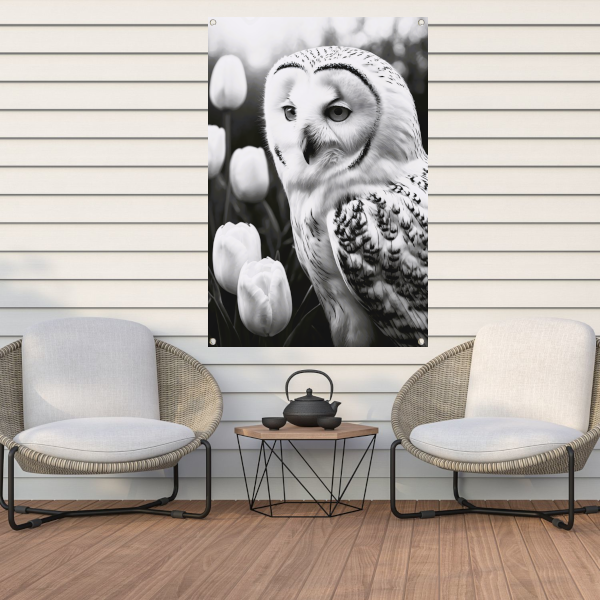 White Owl and Tulips in Monochrome tuinposter