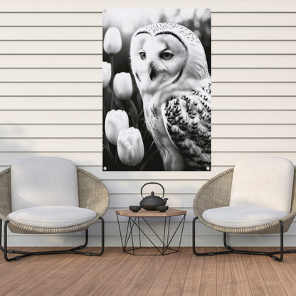 White Owl and Tulips in Monochrome tuinposter