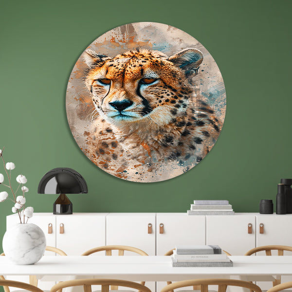 Digitale kunst van cheetah met abstracte achtergrond aluminium muurcirkel