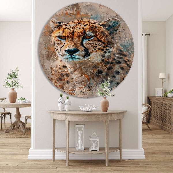 Digitale kunst van cheetah met abstracte achtergrond aluminium muurcirkel