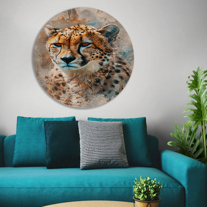 Digitale kunst van cheetah met abstracte achtergrond aluminium muurcirkel