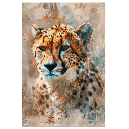 Digitale kunst van cheetah met abstracte achtergrond tuinposter