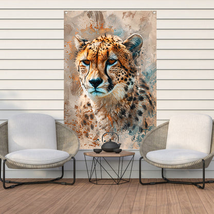 Digitale kunst van cheetah met abstracte achtergrond tuinposter