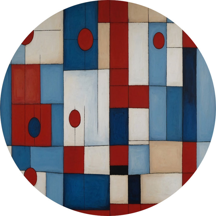 Geometrische harmonie in rood en blauw aluminium muurcirkel
