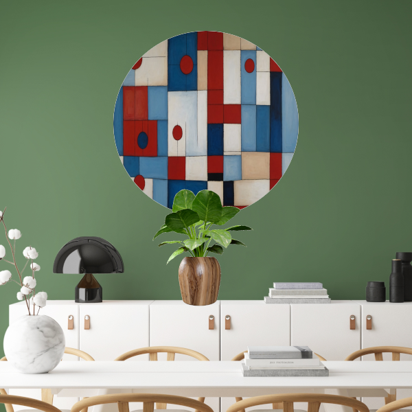 Geometrische harmonie in rood en blauw aluminium muurcirkel