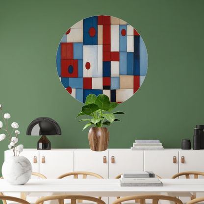 Geometrische harmonie in rood en blauw aluminium muurcirkel